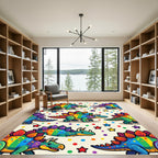 Colorful Whimsical Rainbow Dinosaur Star Party Rug