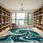 Modern Teal and Cream Marble Swirl Rug