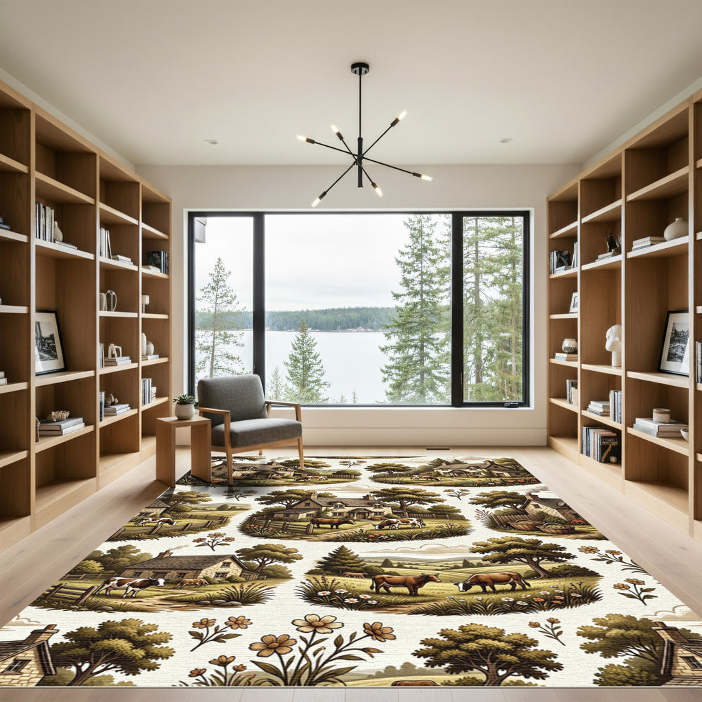 Country Farmhouse Scenic Village Scene Rug