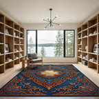 Intricate Royal Blue Golden Scrollwork Rug