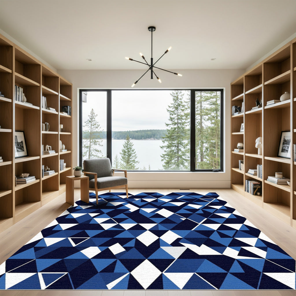 Deep Blue White Geometric Triangles Rug
