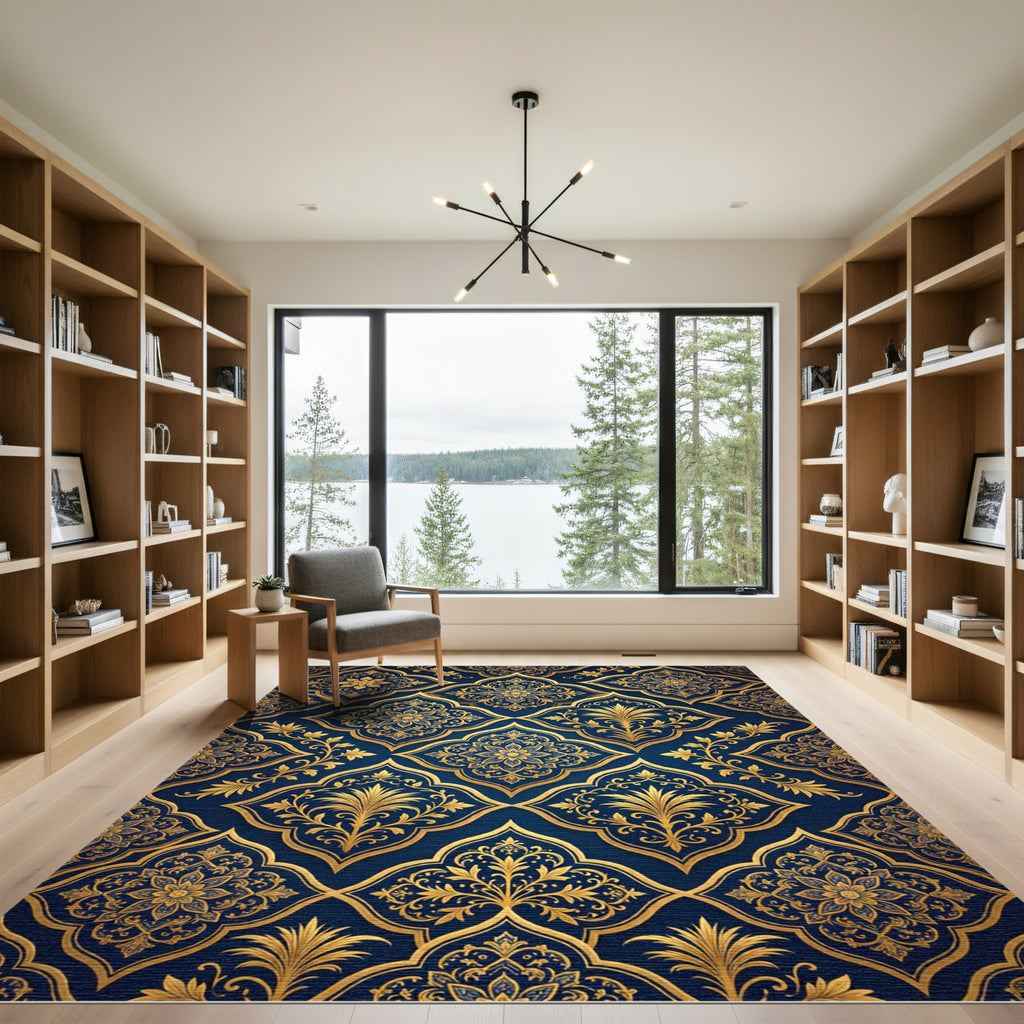 Golden Floral Damask Navy Medallion Rug