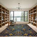 Golden Floral Damask Navy Medallion Rug
