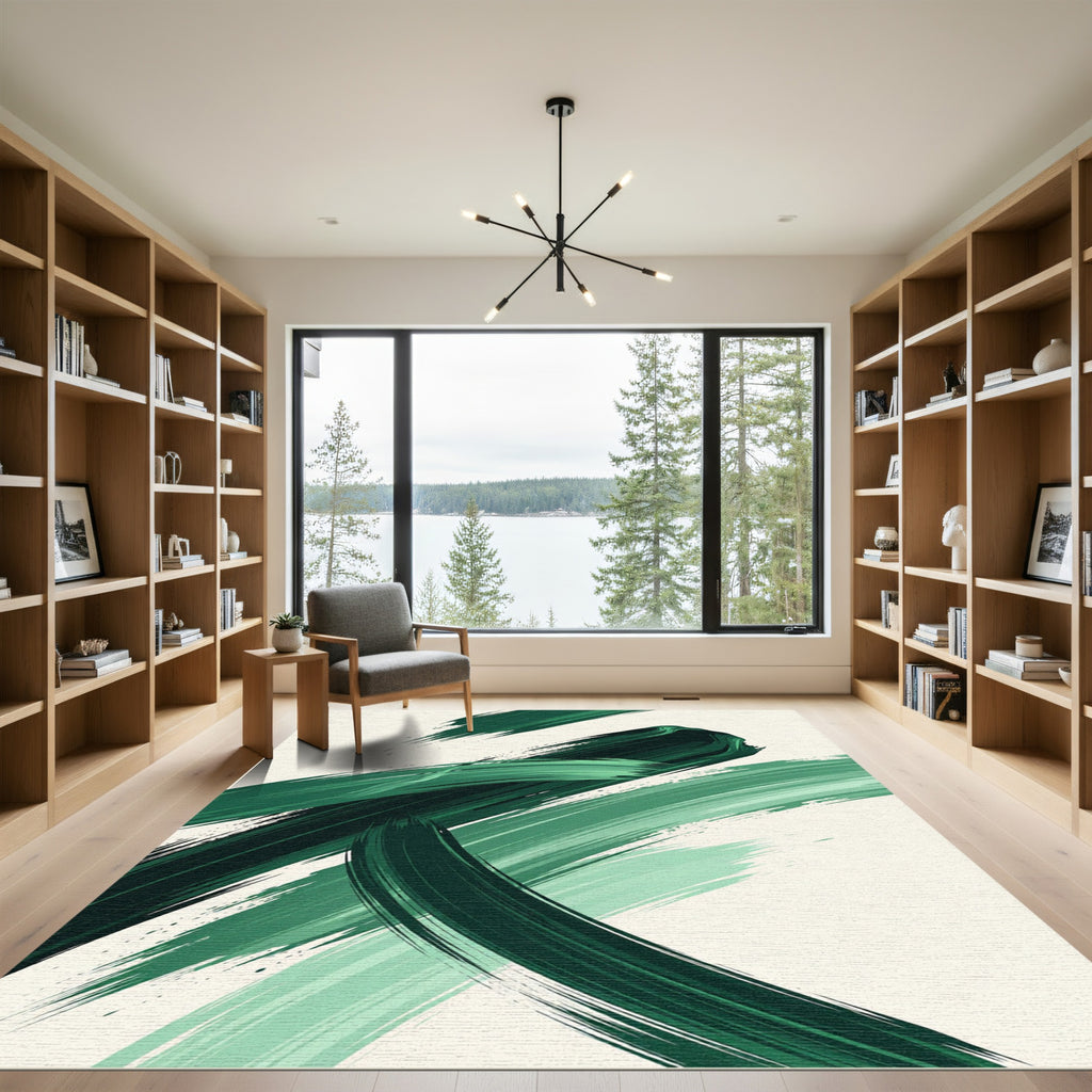 Modern Emerald Green Abstract Brushstroke Rug