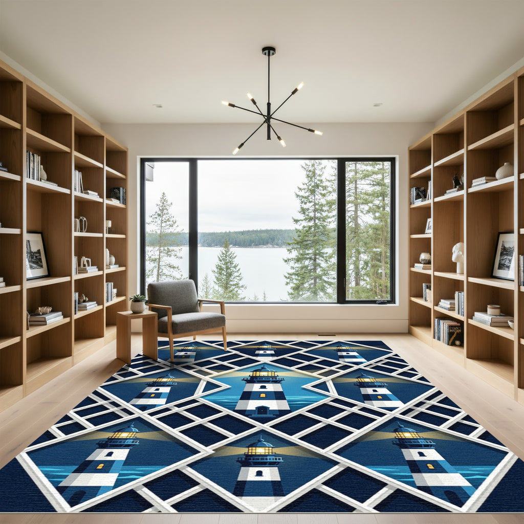 Geometric Blue Lighthouse Beacon Rug