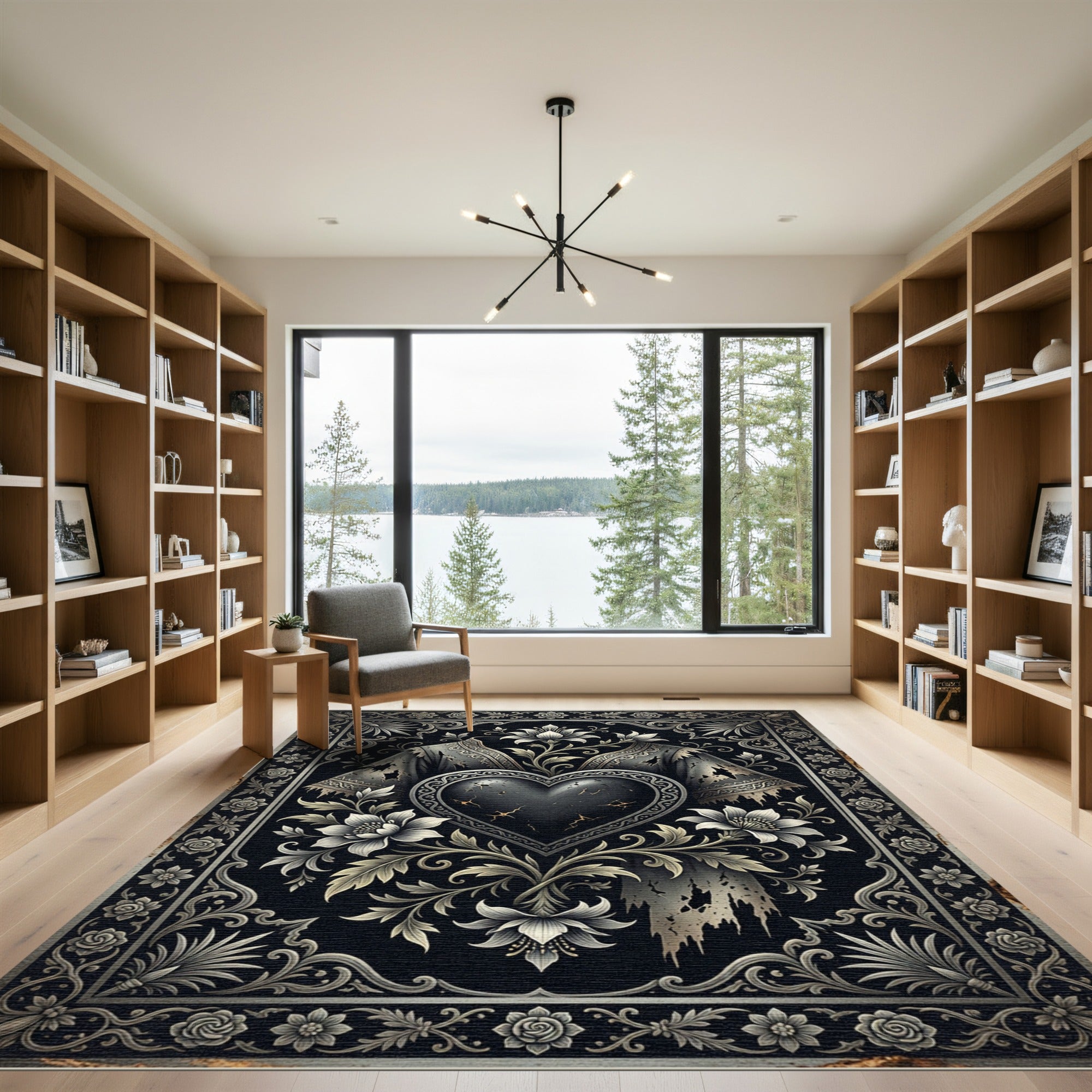Gothic Black Heart Floral Relief Rug