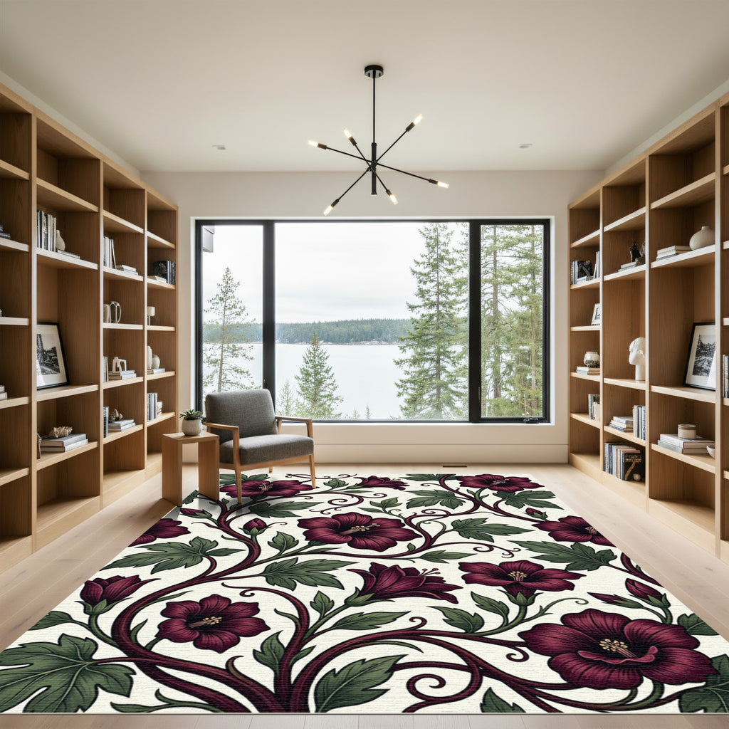 Dark Burgundy Floral Botanical Vines Rug