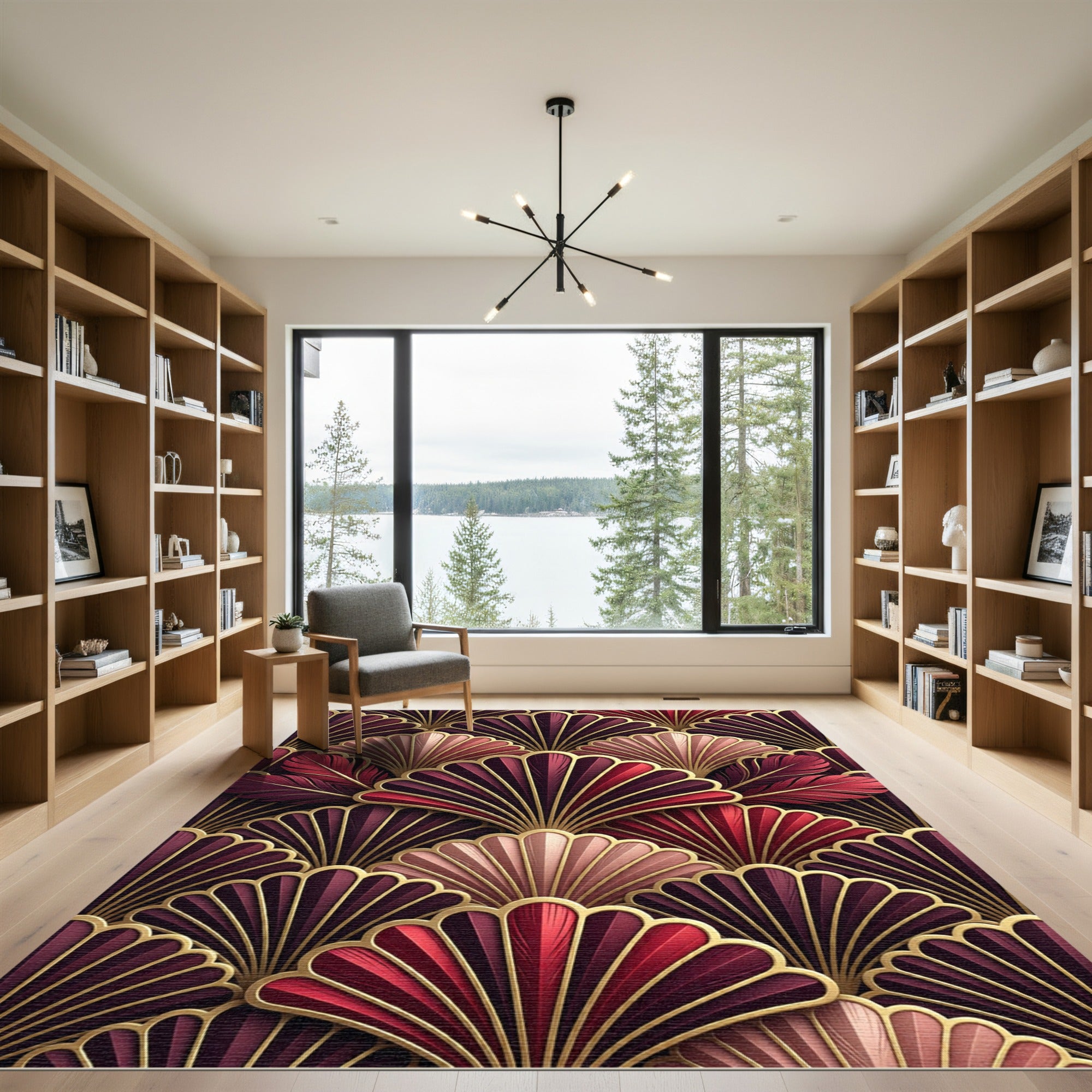 Rich Crimson Feather Fan Geometric Rug