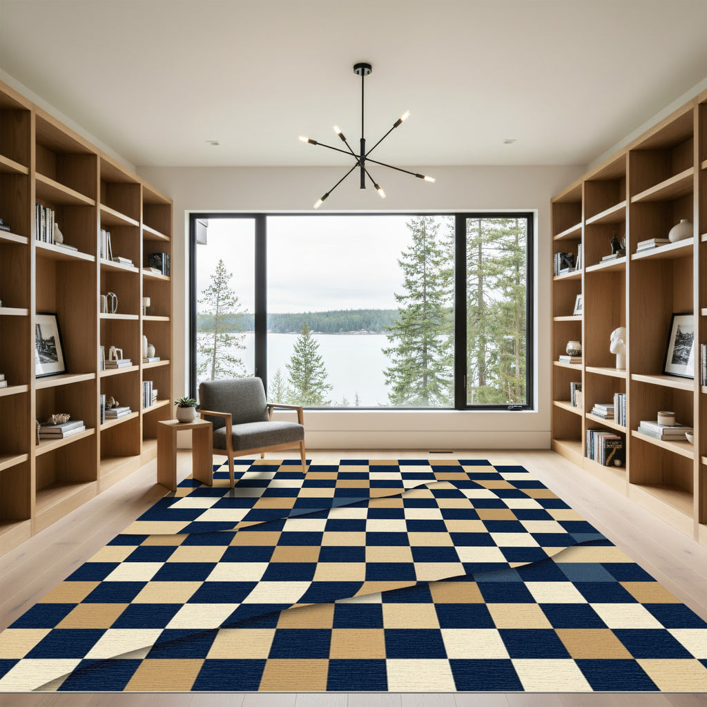 Abstract Navy Cream and Gold Checkerboard Rug