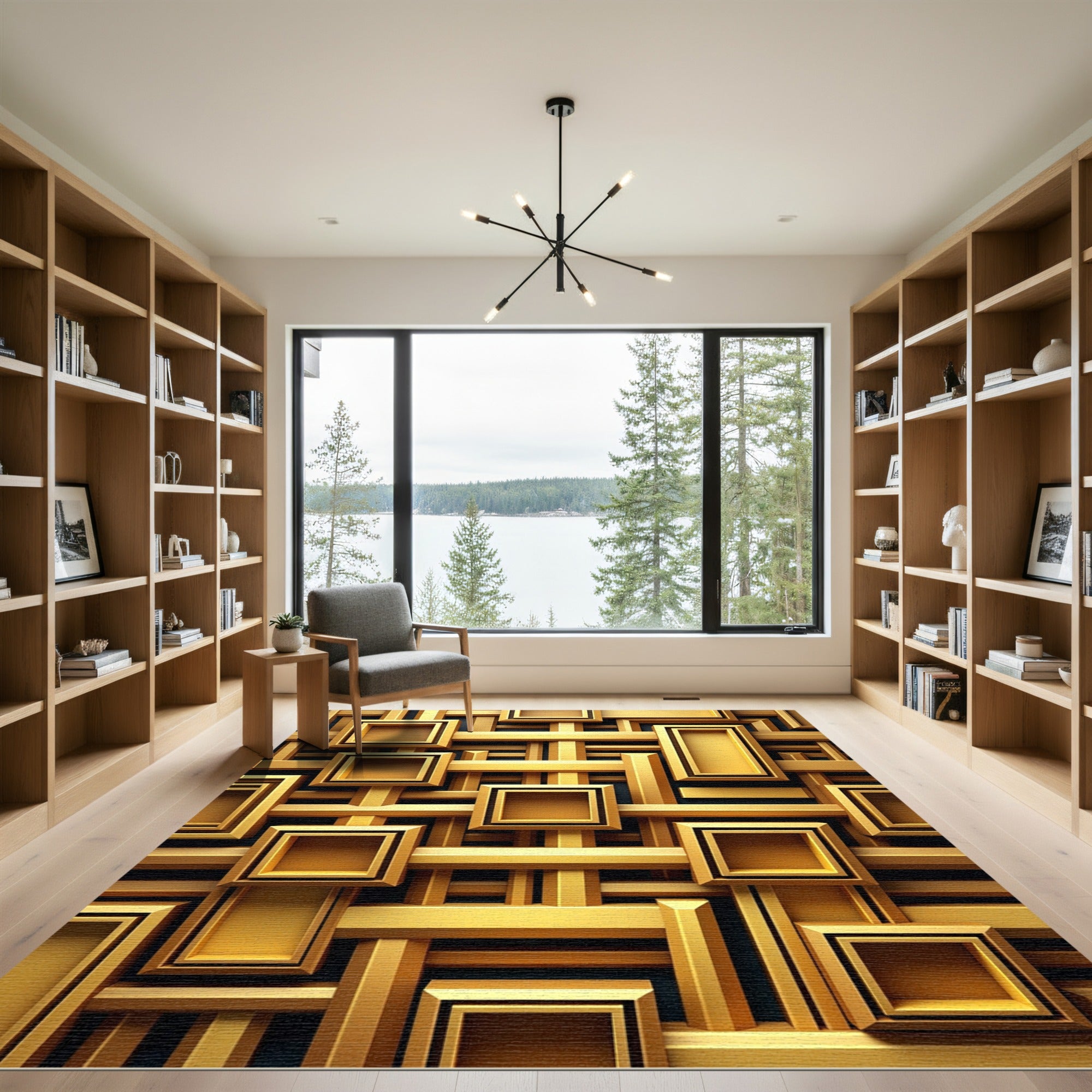 Modern Geometric Golden Interwoven Grid Rug