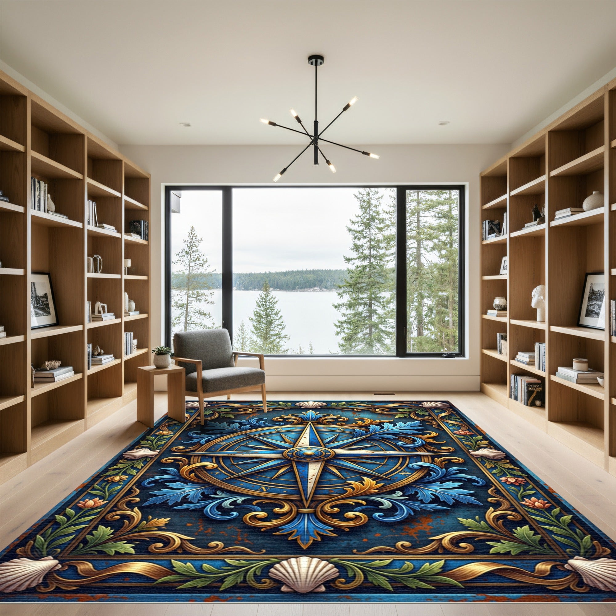 Ornate Navy Nautical Compass Shell Accent Rug
