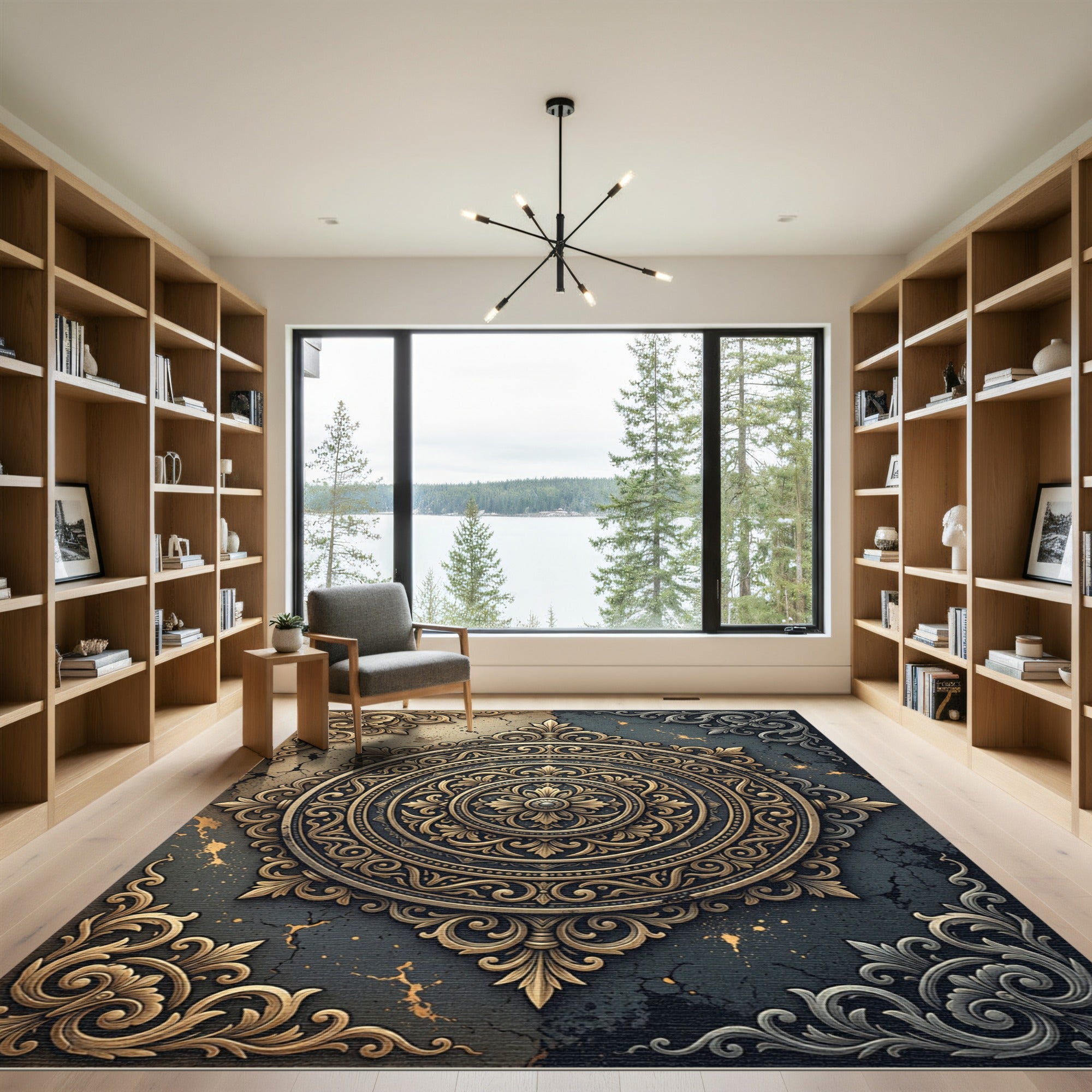 Ornate Golden Filigree Charcoal Medallion Rug