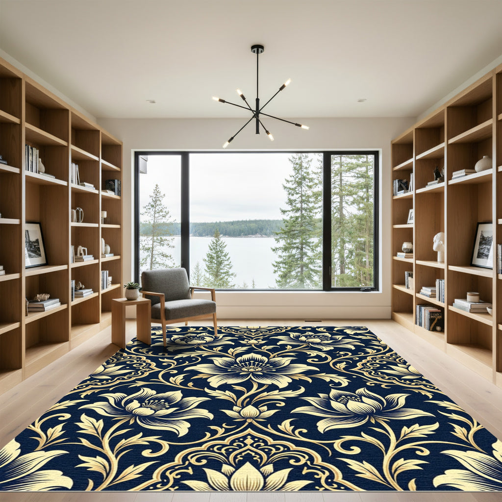 Navy Golden Floral Damask Ornament Rug