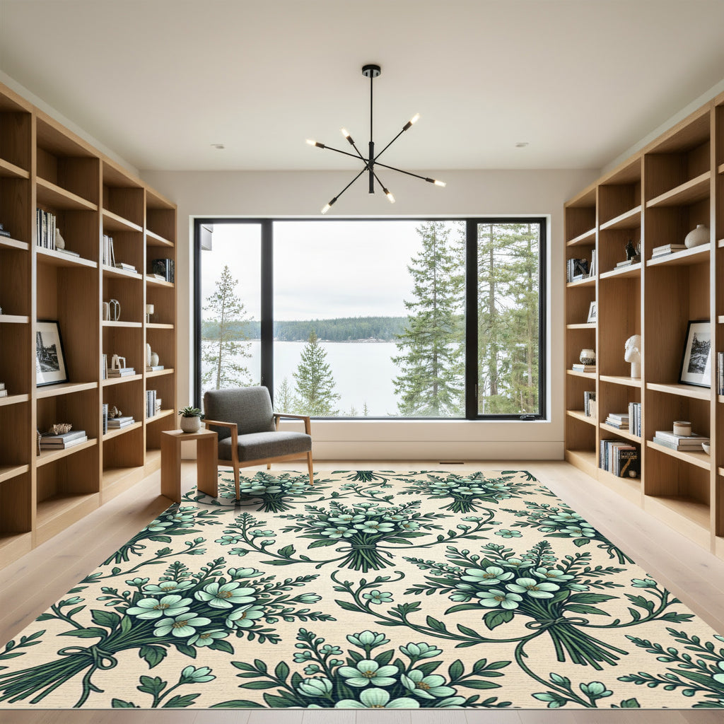 Sage Green Botanical Floral Bouquet Rug