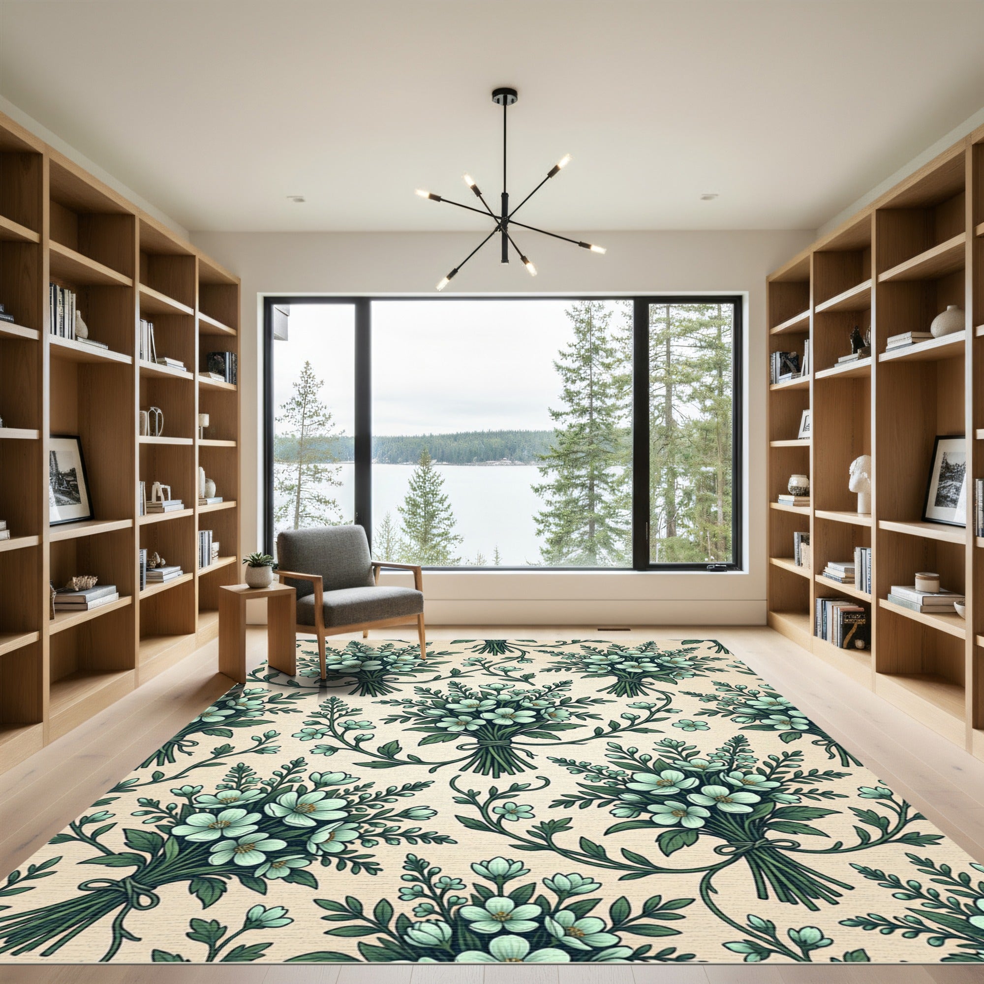 Sage Green Botanical Floral Bouquet Rug