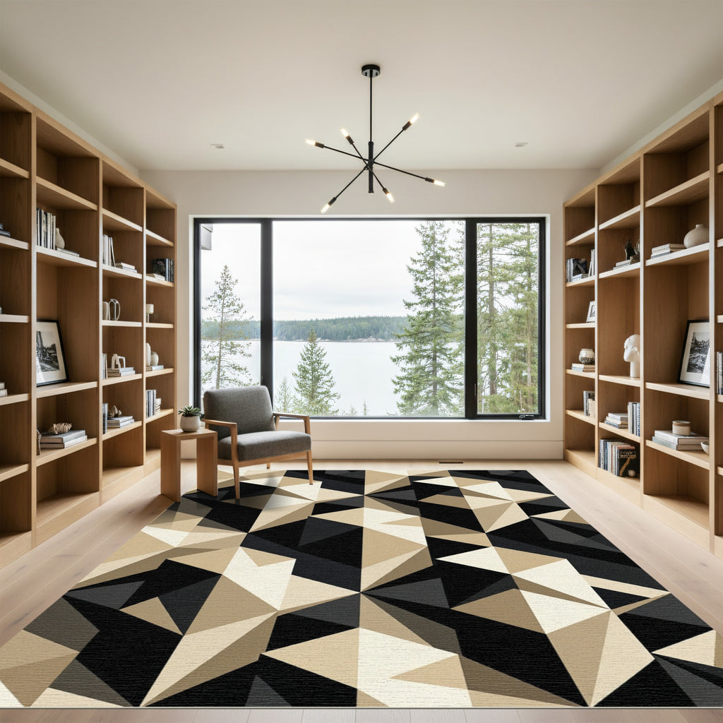 Black and Gold Modern Geometric Facet Rug