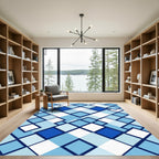 Geometric Blue and White Square Grid Rug