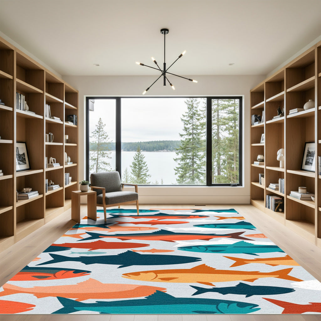 Mid Century Teal and Orange Salmon Rug
