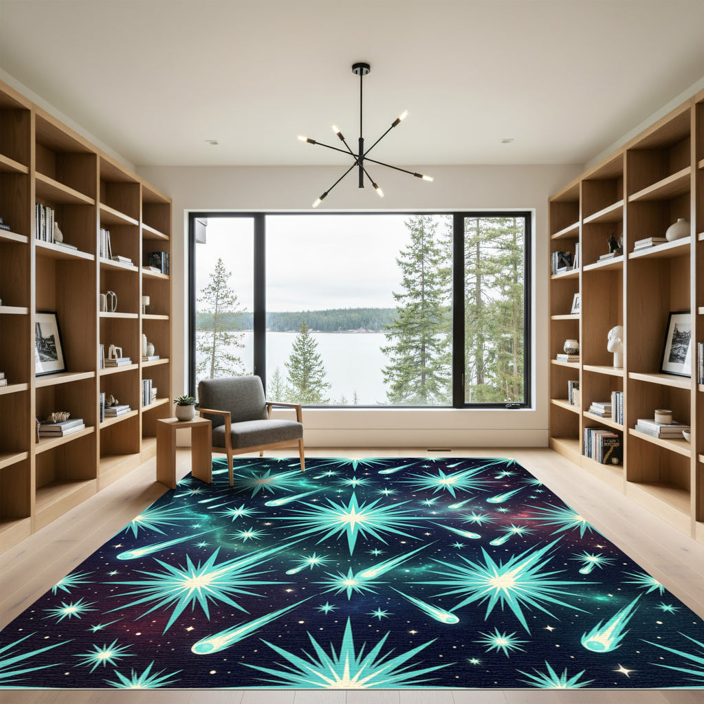 Cosmic Teal Shooting Stars Galaxy Rug