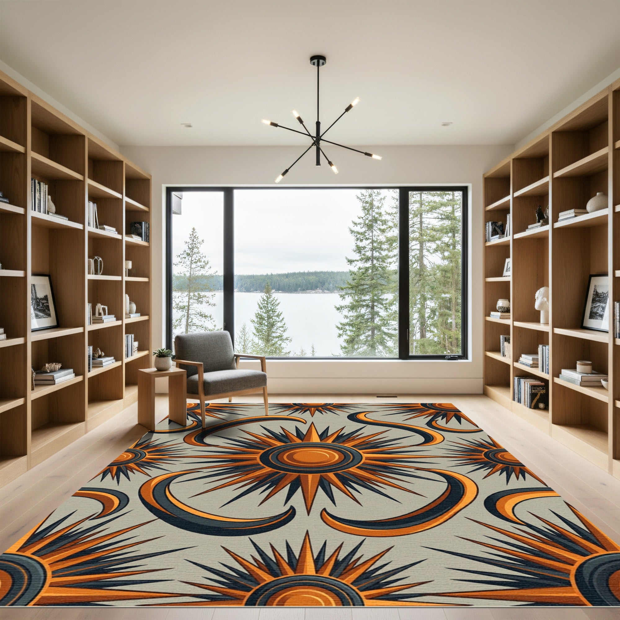 Celestial Sunburst Amber and Charcoal Geometric Rug