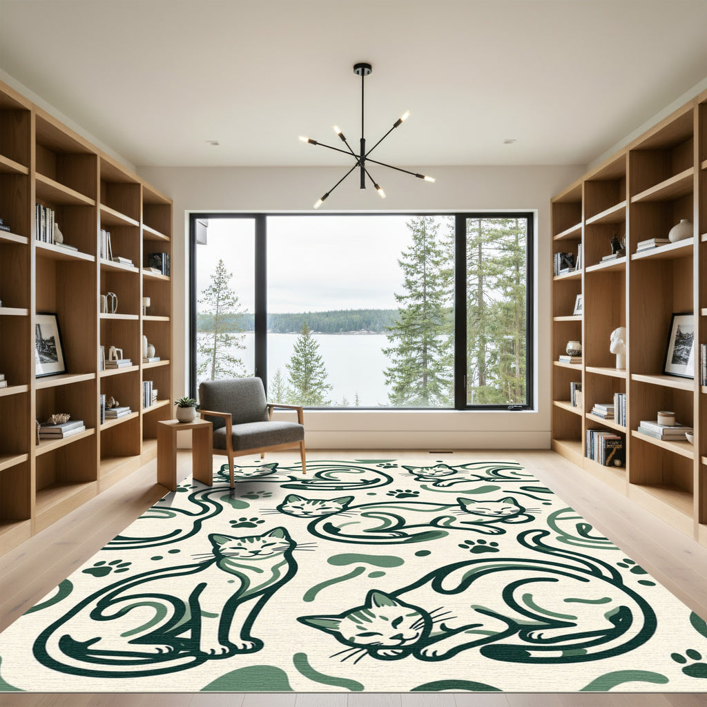 Sage Green Minimalist Cat Illustration Rug
