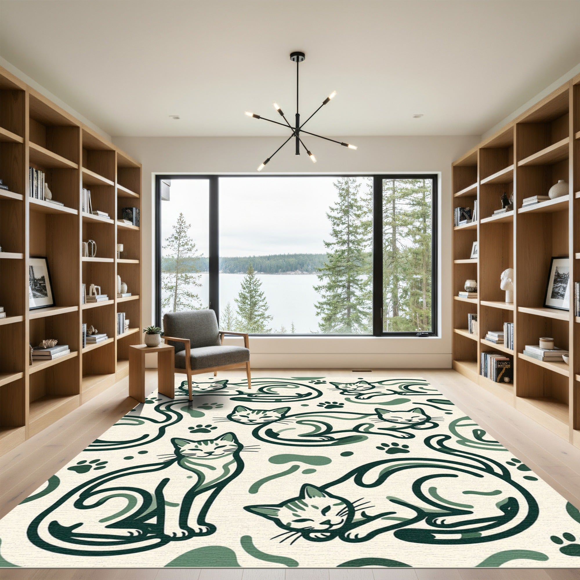 Sage Green Minimalist Cat Illustration Rug