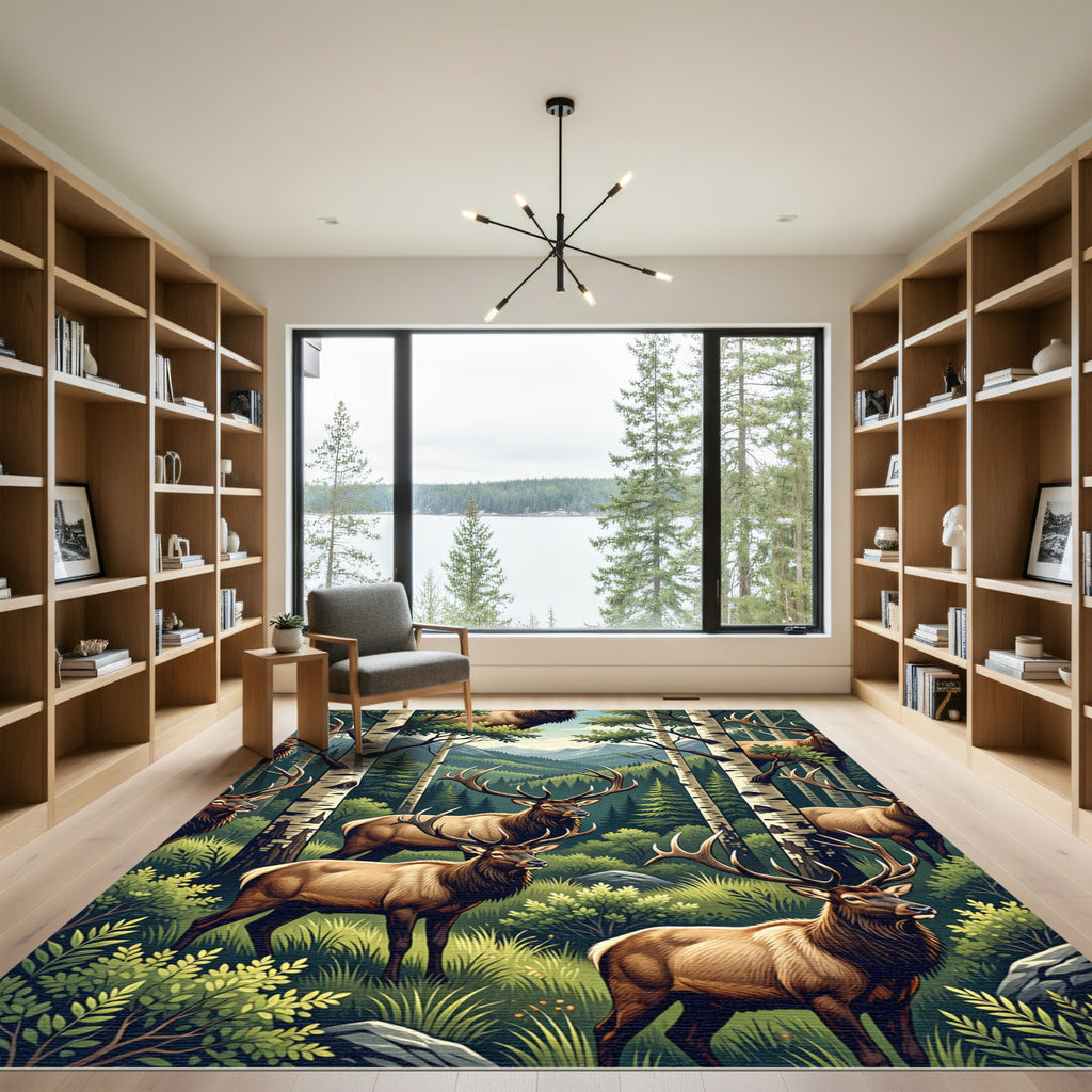 Majestic Elk Forest Mountain Scene Rug