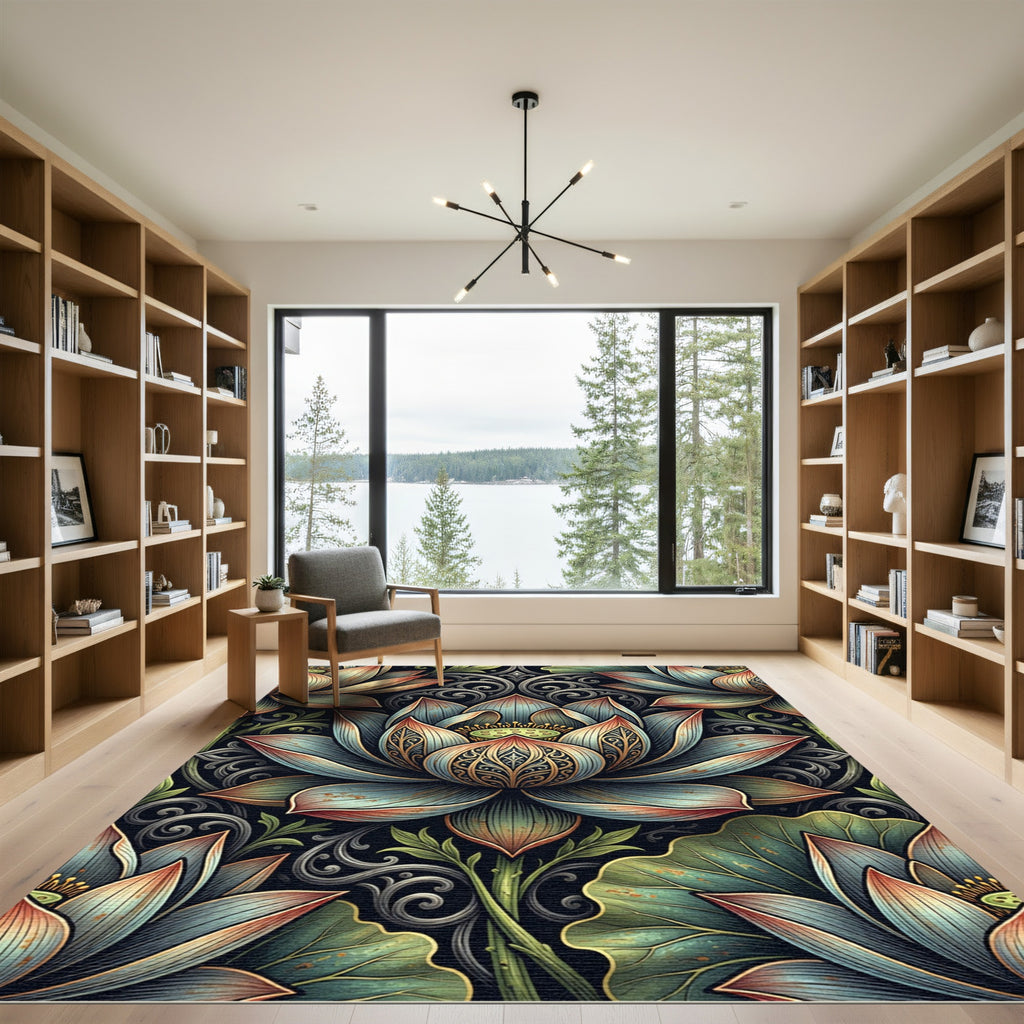 Elegant Teal Lotus Floral Victorian Art Rug