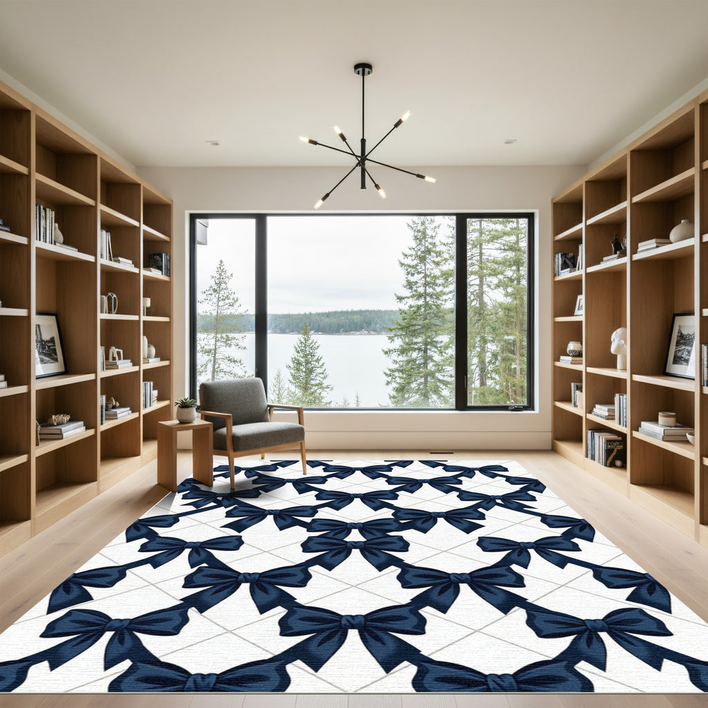 Sophisticated Navy Blue Ribbon Bow Grid Rug