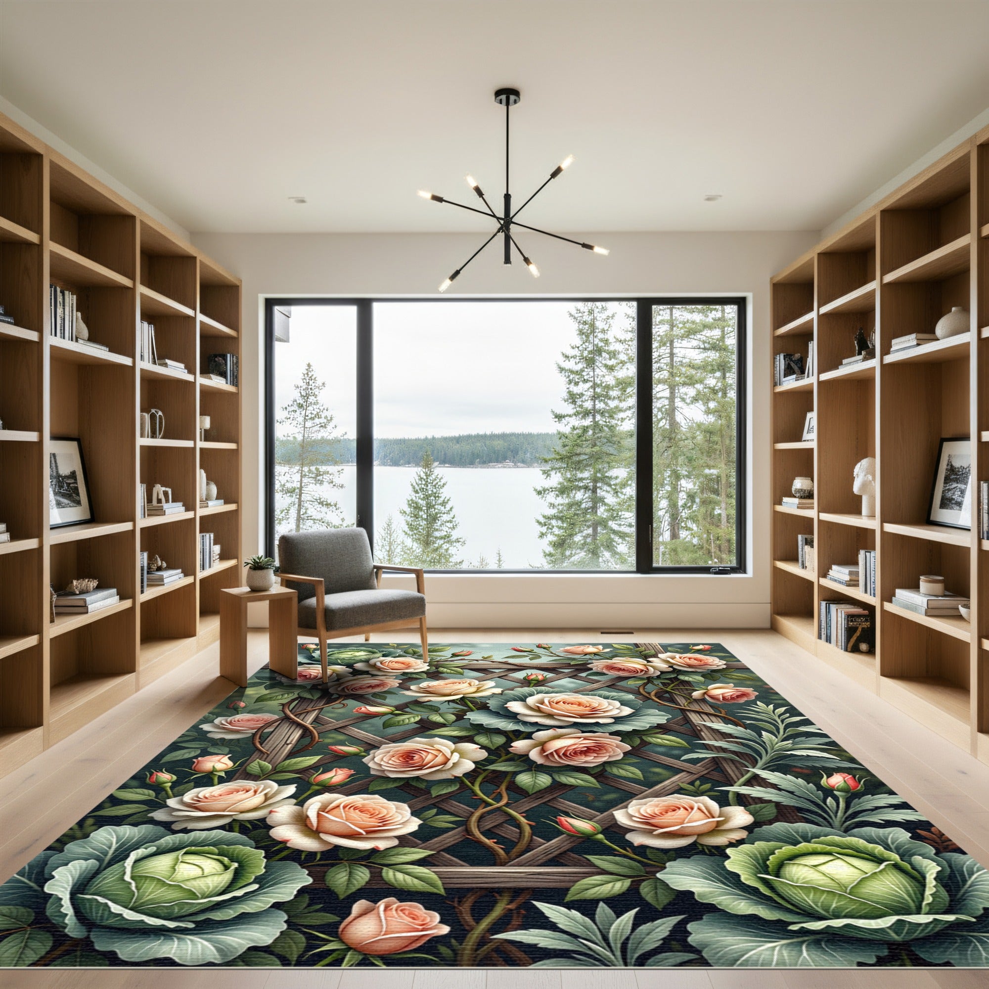 Romantic Peach Rose Cabbage Trellis Rug