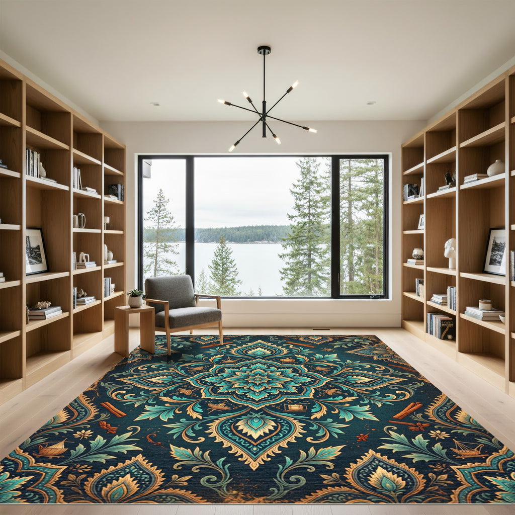 Teal and Gold Botanical Nautical Medallion Rug