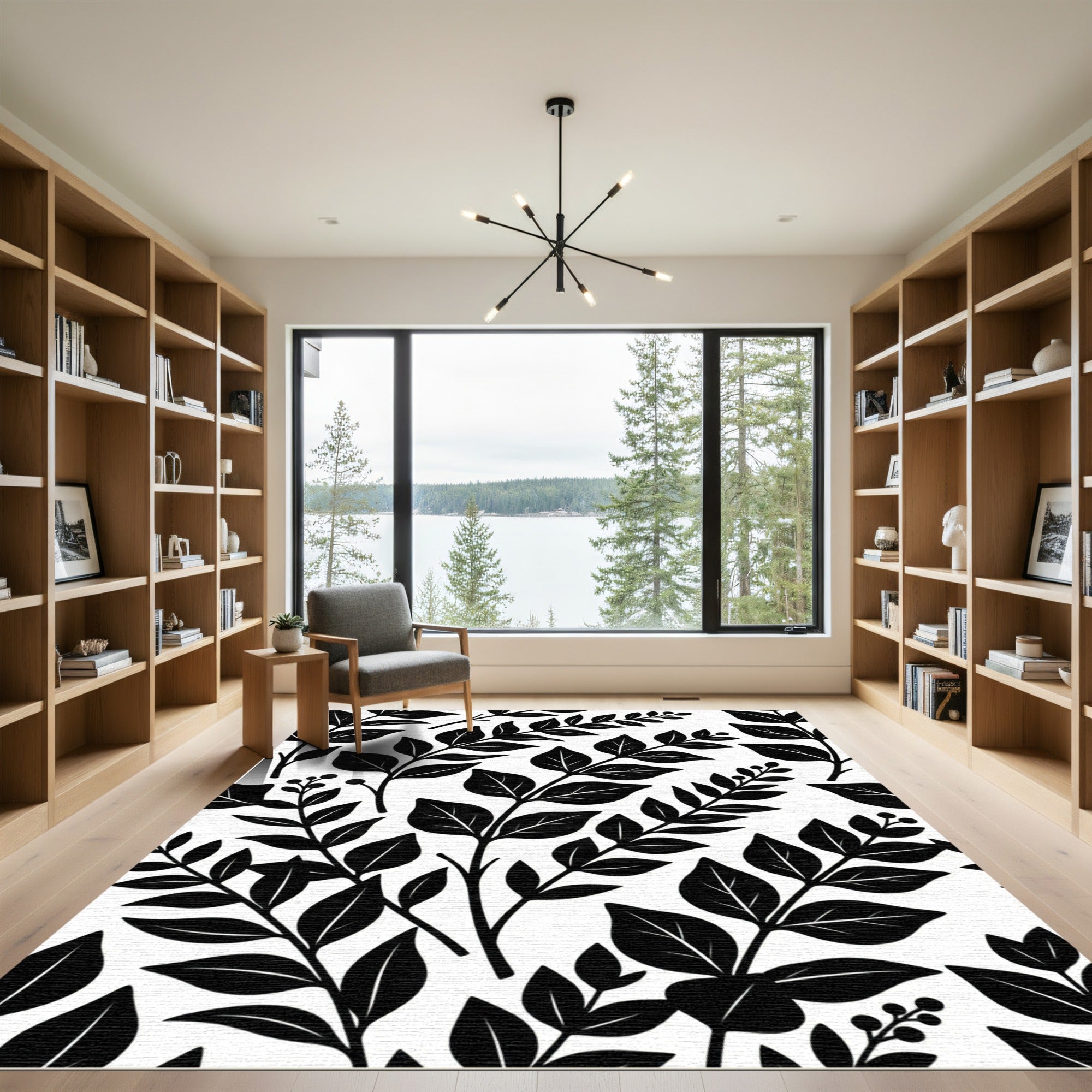 Monochromatic Black and White Botanical Foliage Rug