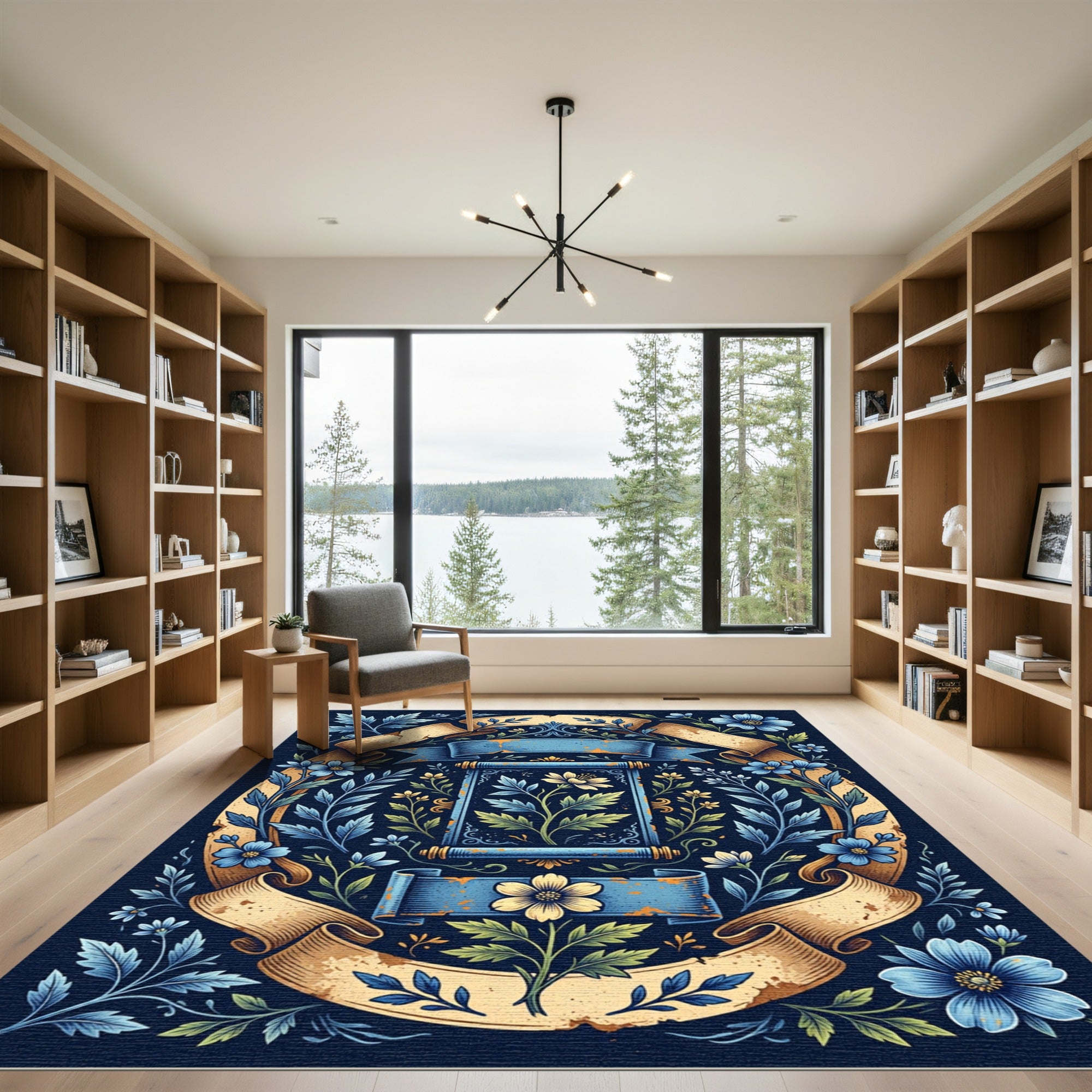 Floral Scroll Navy Golden Botanical Rug