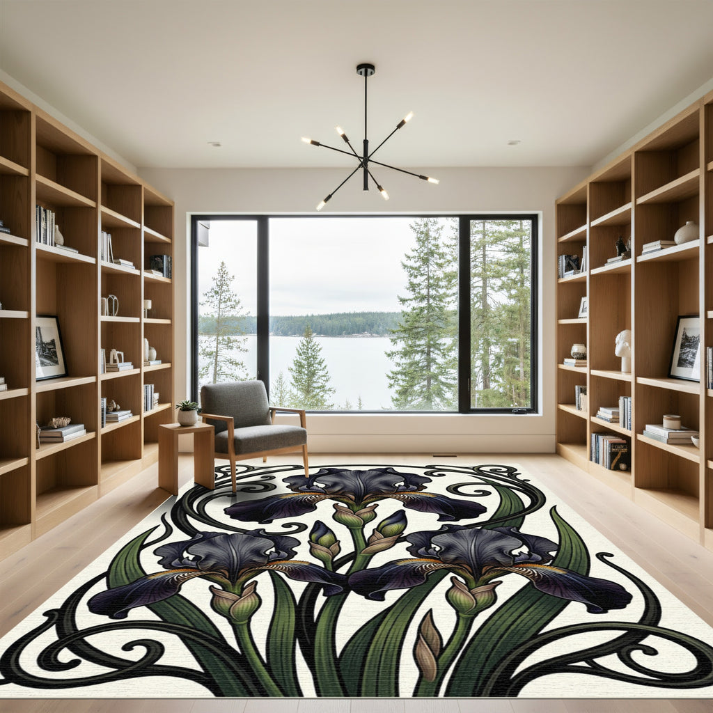 Dark Iris Nouveau Elegant Floral Swirls Rug