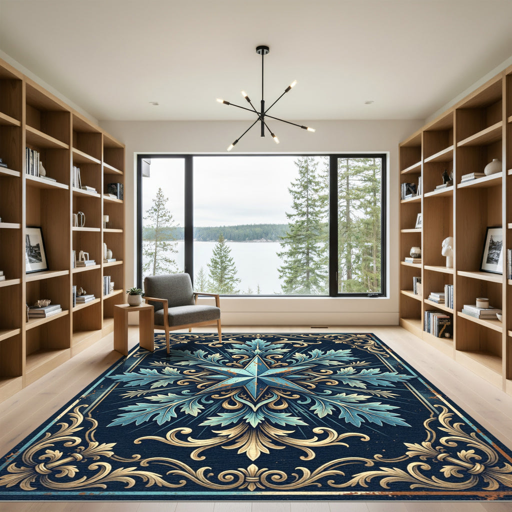 Ornamental Teal Star Filigree Emblem Rug