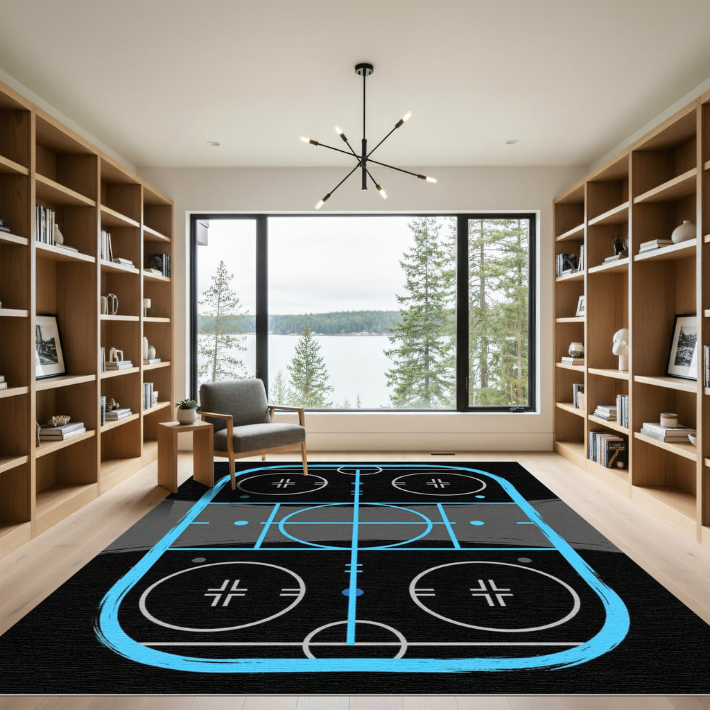 Modern Neon Blue Hockey Rink Graphic Rug