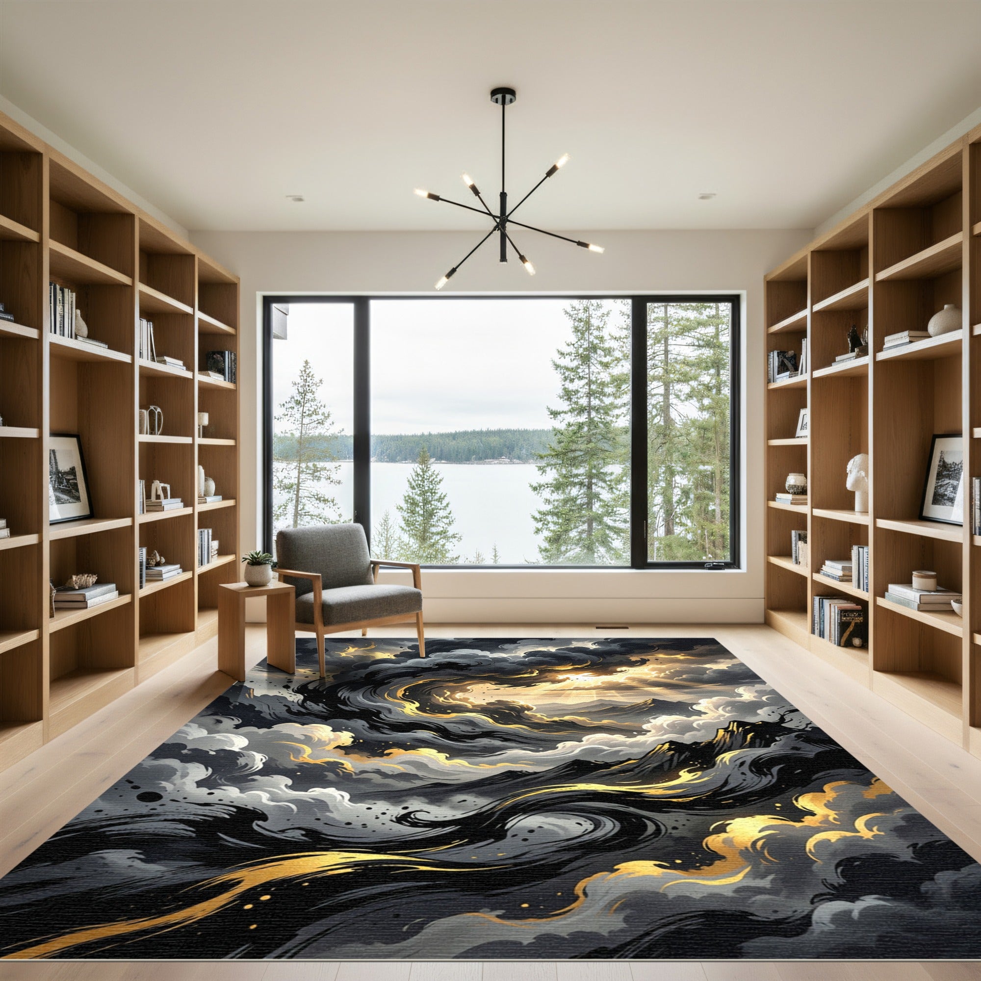 Dramatic Golden Swirl Storm Mountainscape Rug