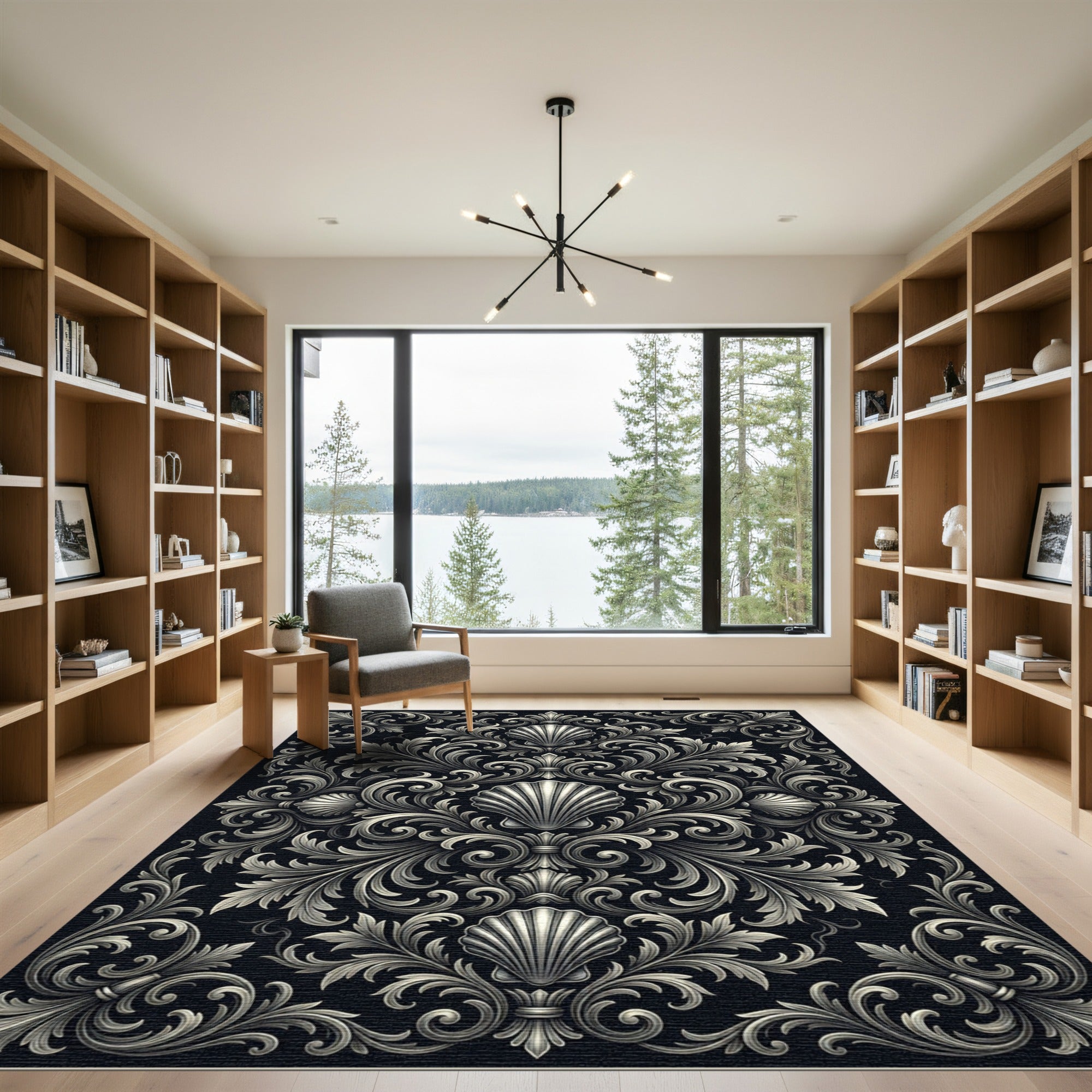 Ornate Black White Scallop Flourish Rug