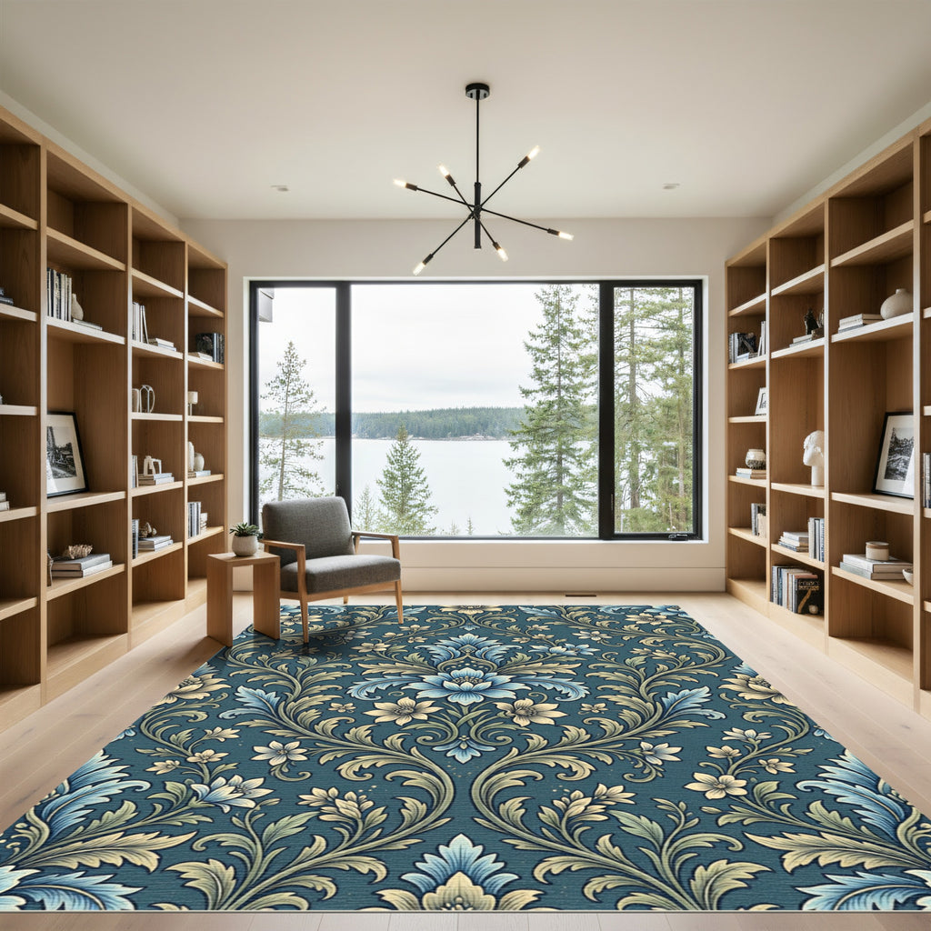 Damask Blue Floral Scrolls Rug