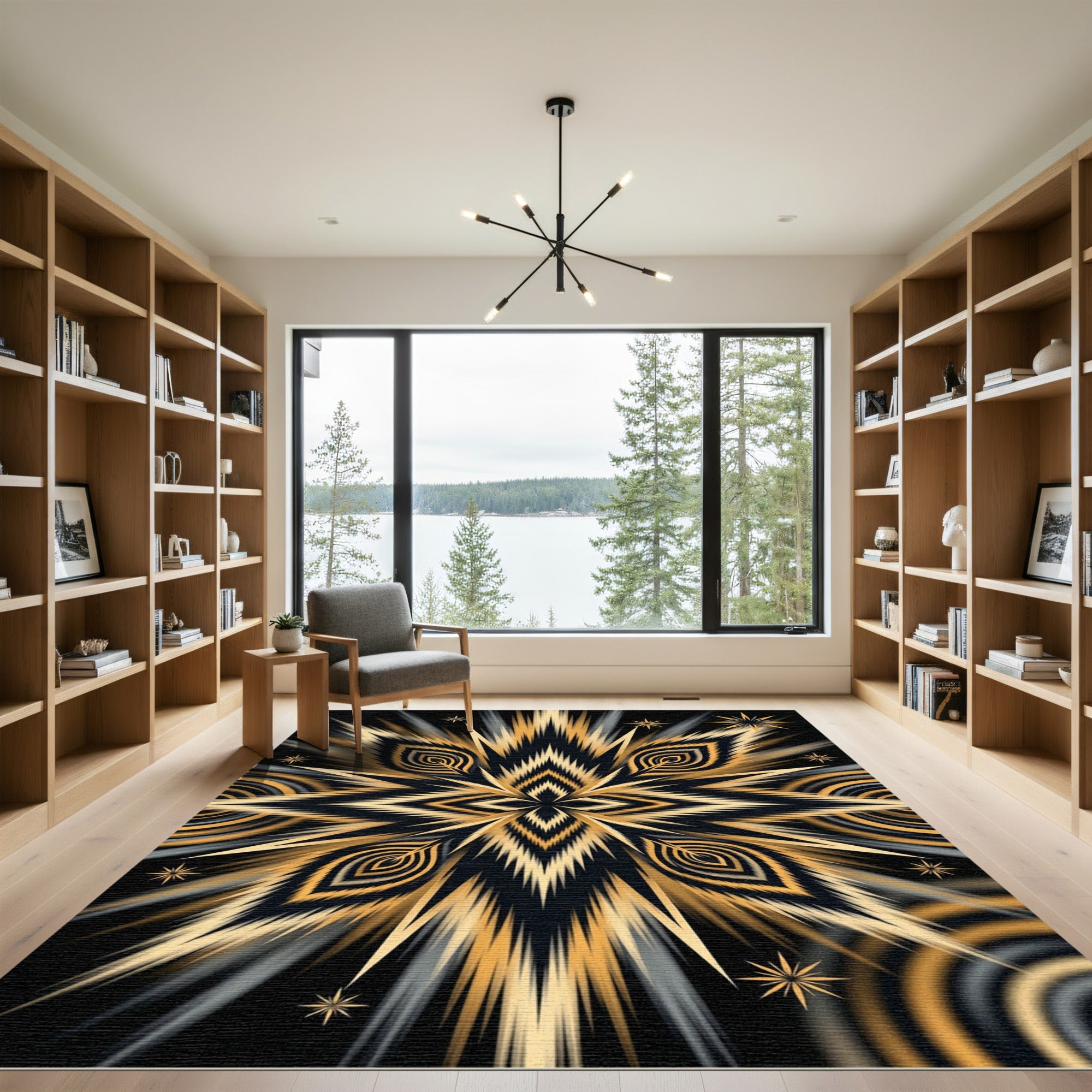Golden Black Peacock Feather Burst Rug