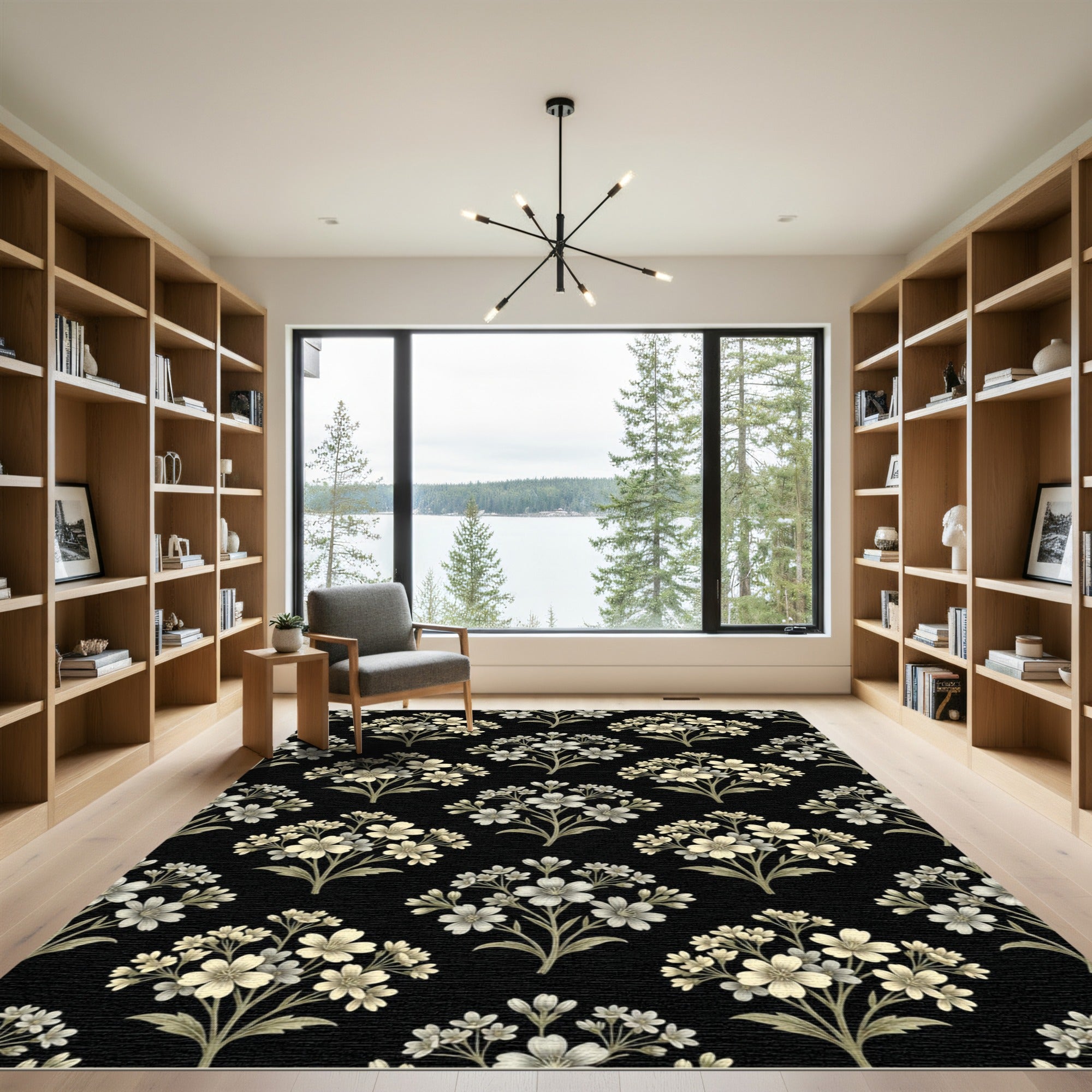 Antique Black White Floral Bouquet Rug