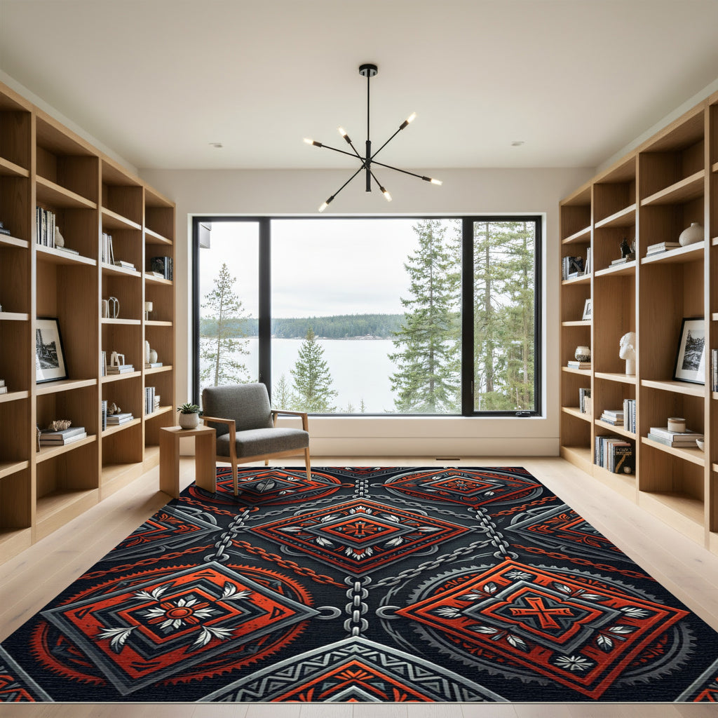 Chained Crimson Geometric Feather Diamond Rug