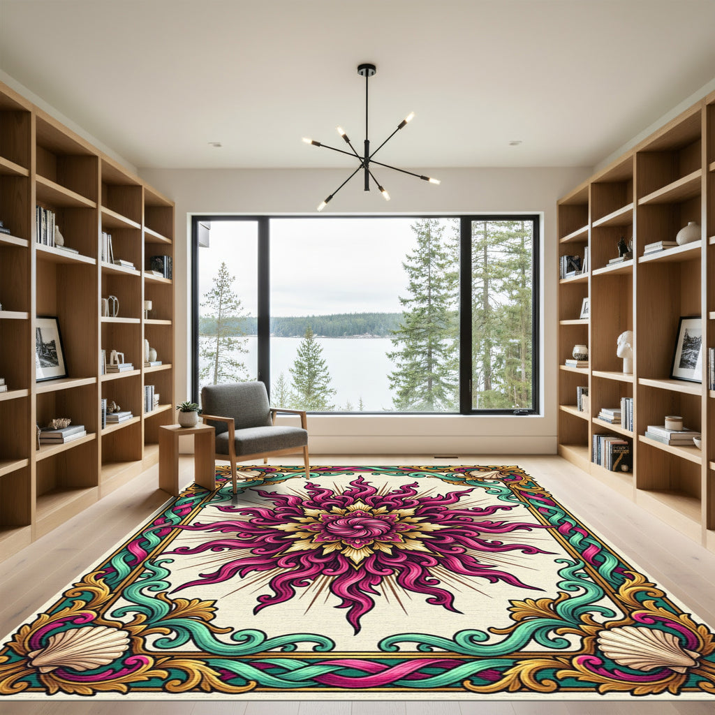 Ornate Pink Golden Sunburst Frame Rug