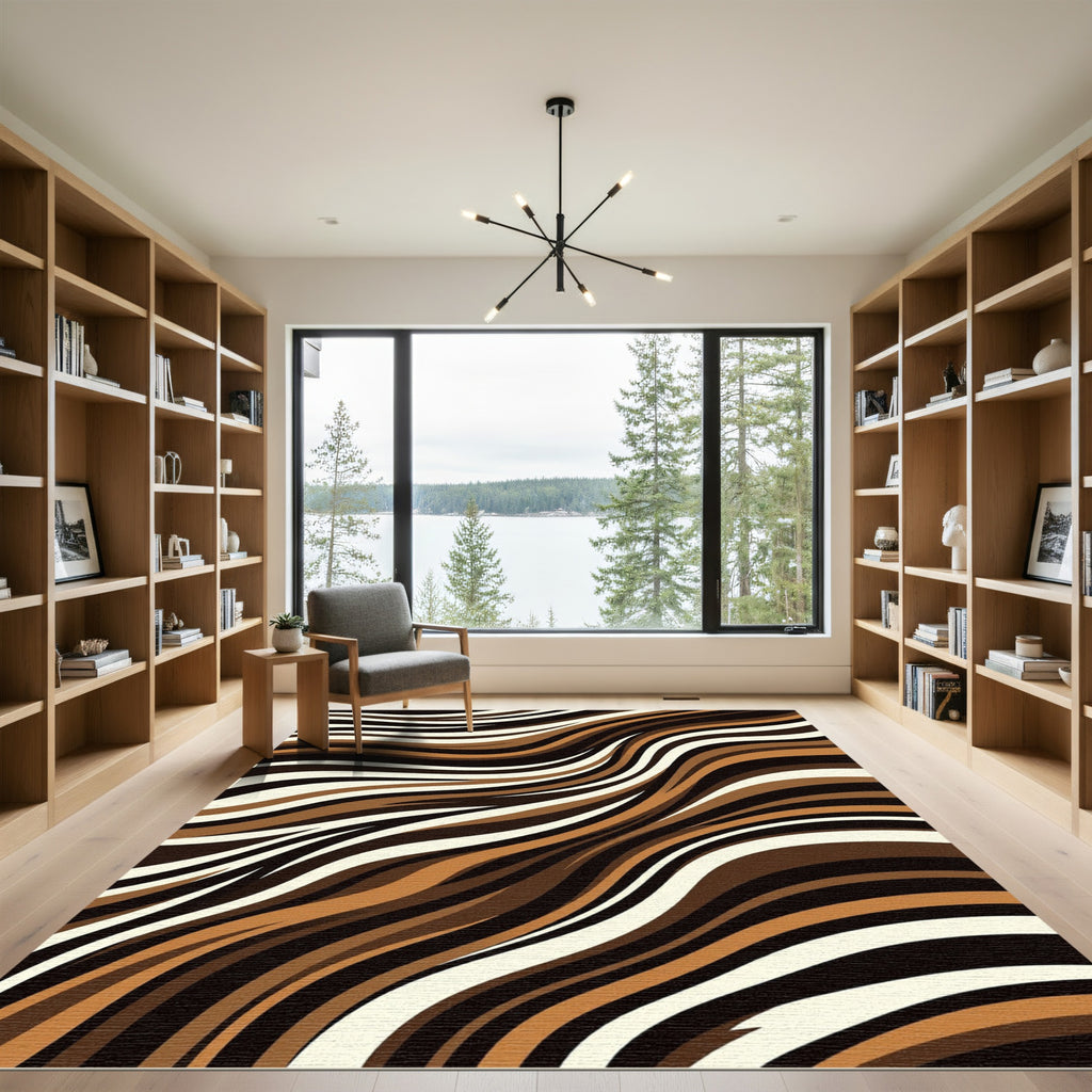 Brown Beige Black Wave Stripes Rug