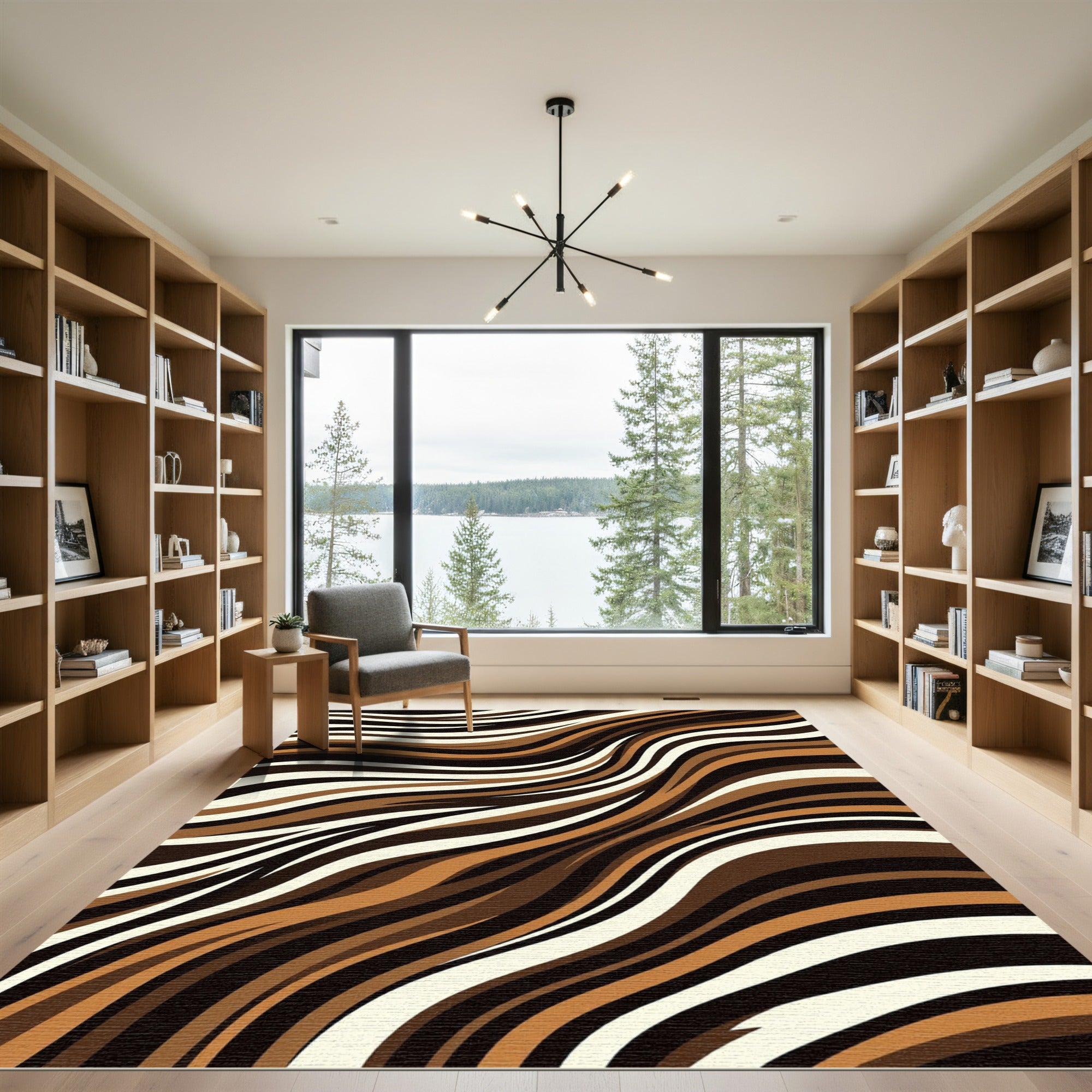 Brown Beige Black Wave Stripes Rug