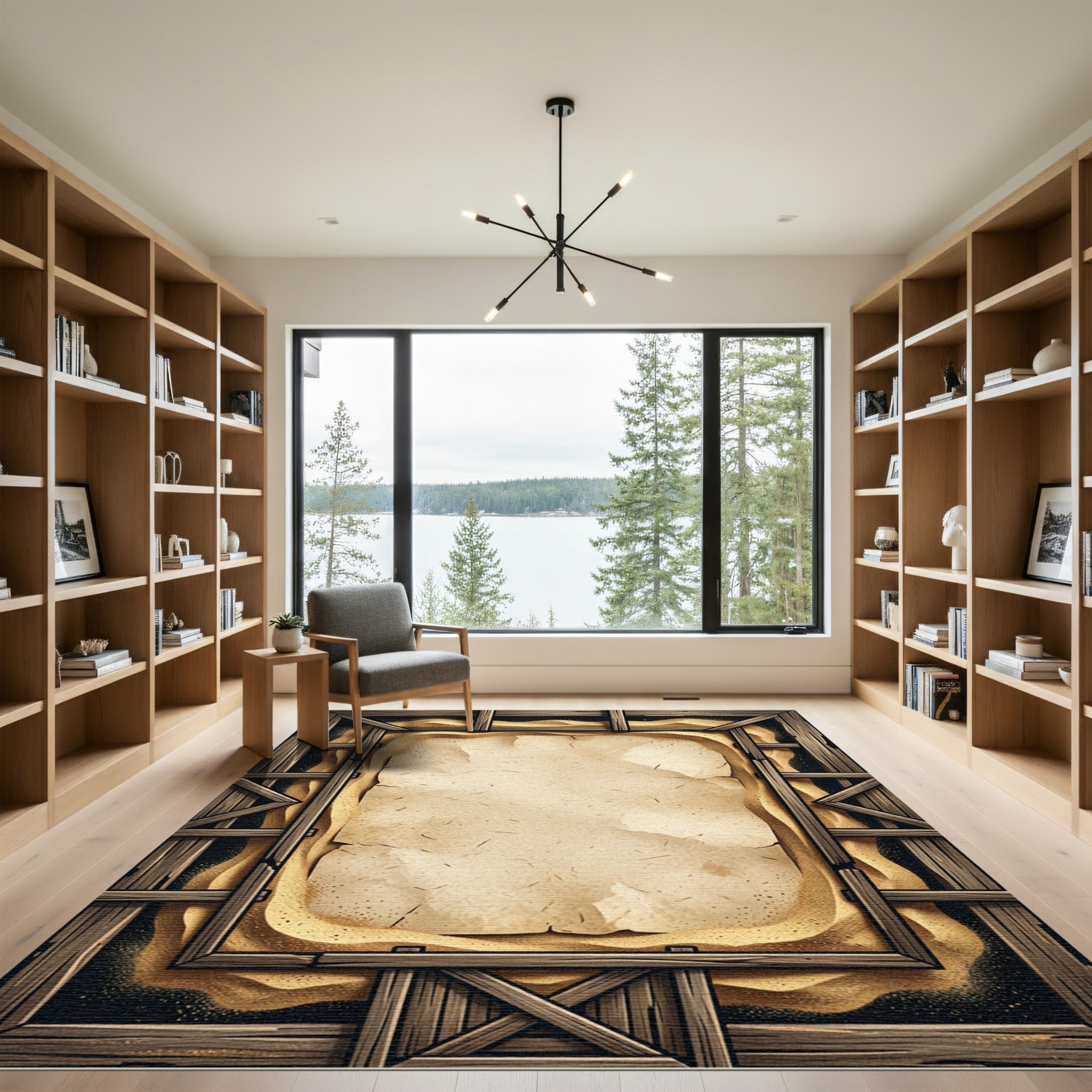 Rustic Wooden Frame Sand Scroll Rug