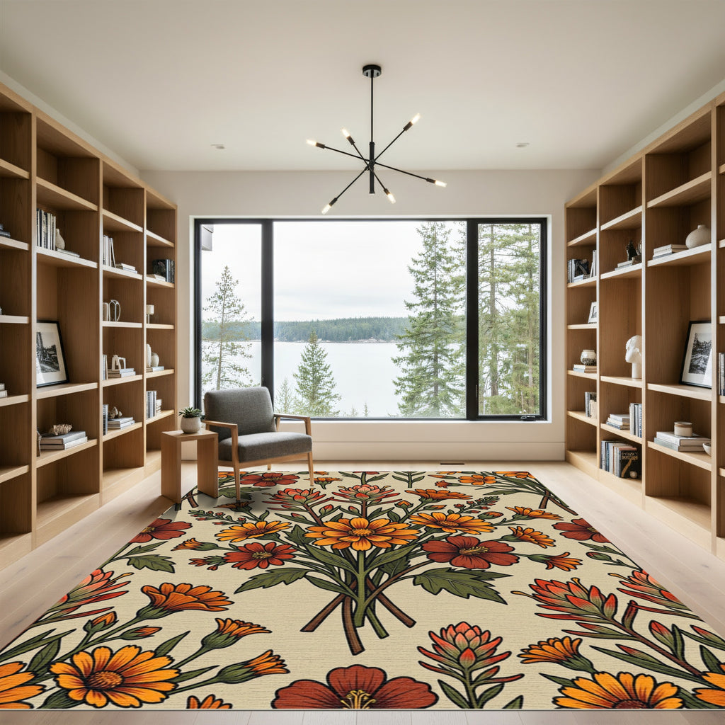 Vibrant Orange Autumnal Wildflower Meadow Rug