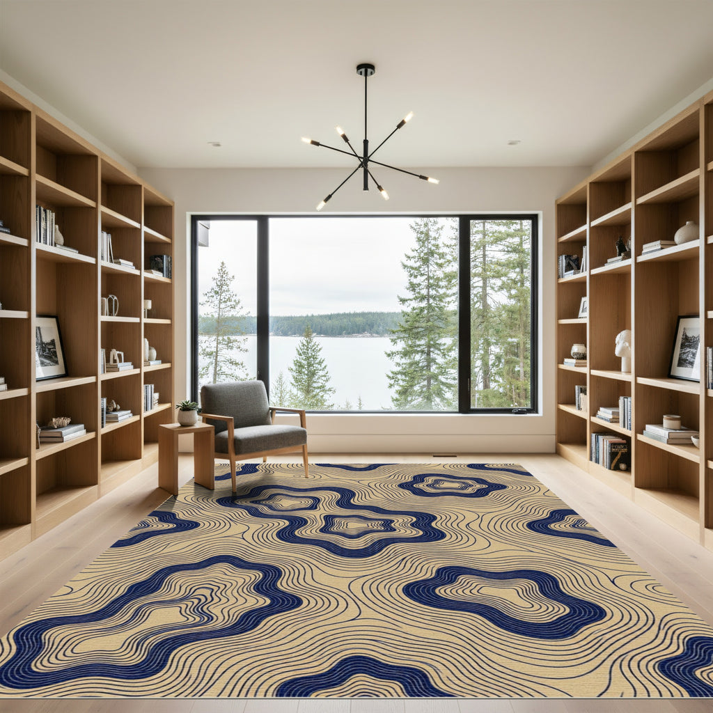 Navy Blue And Beige Topographic Lines Rug