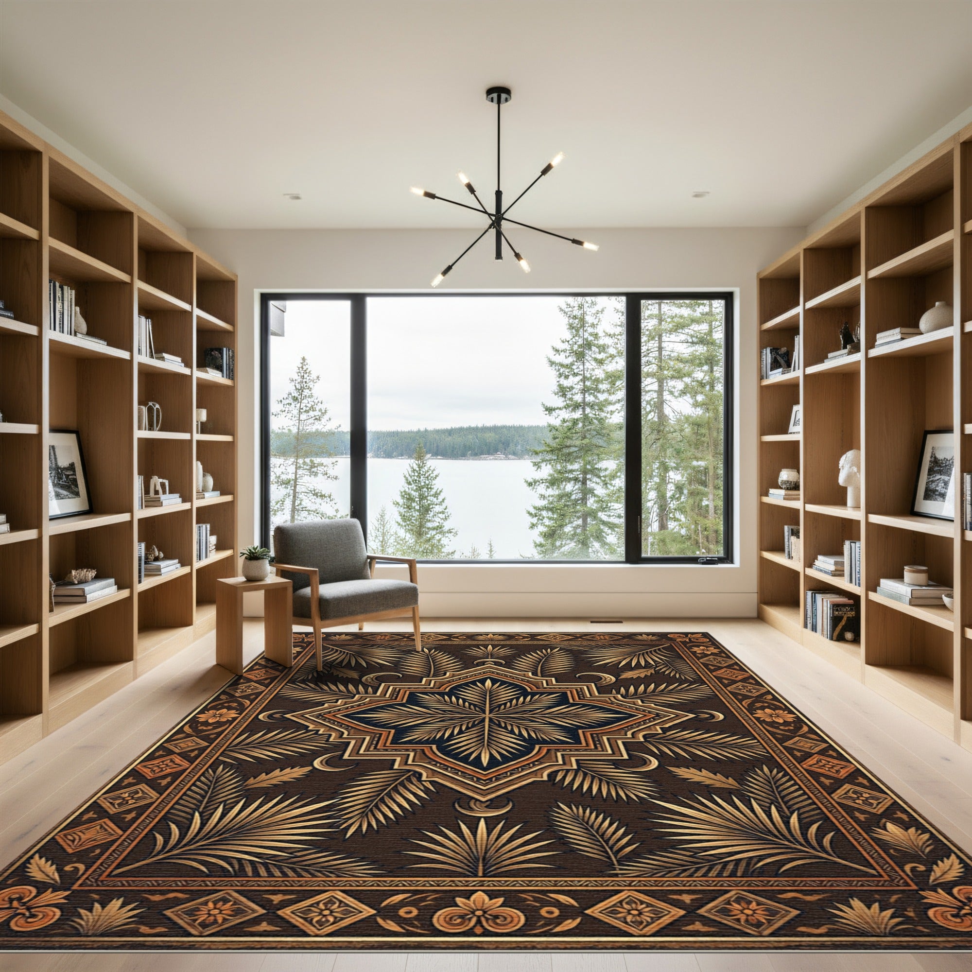 Golden Leafy Botanical Medallion Art Rug
