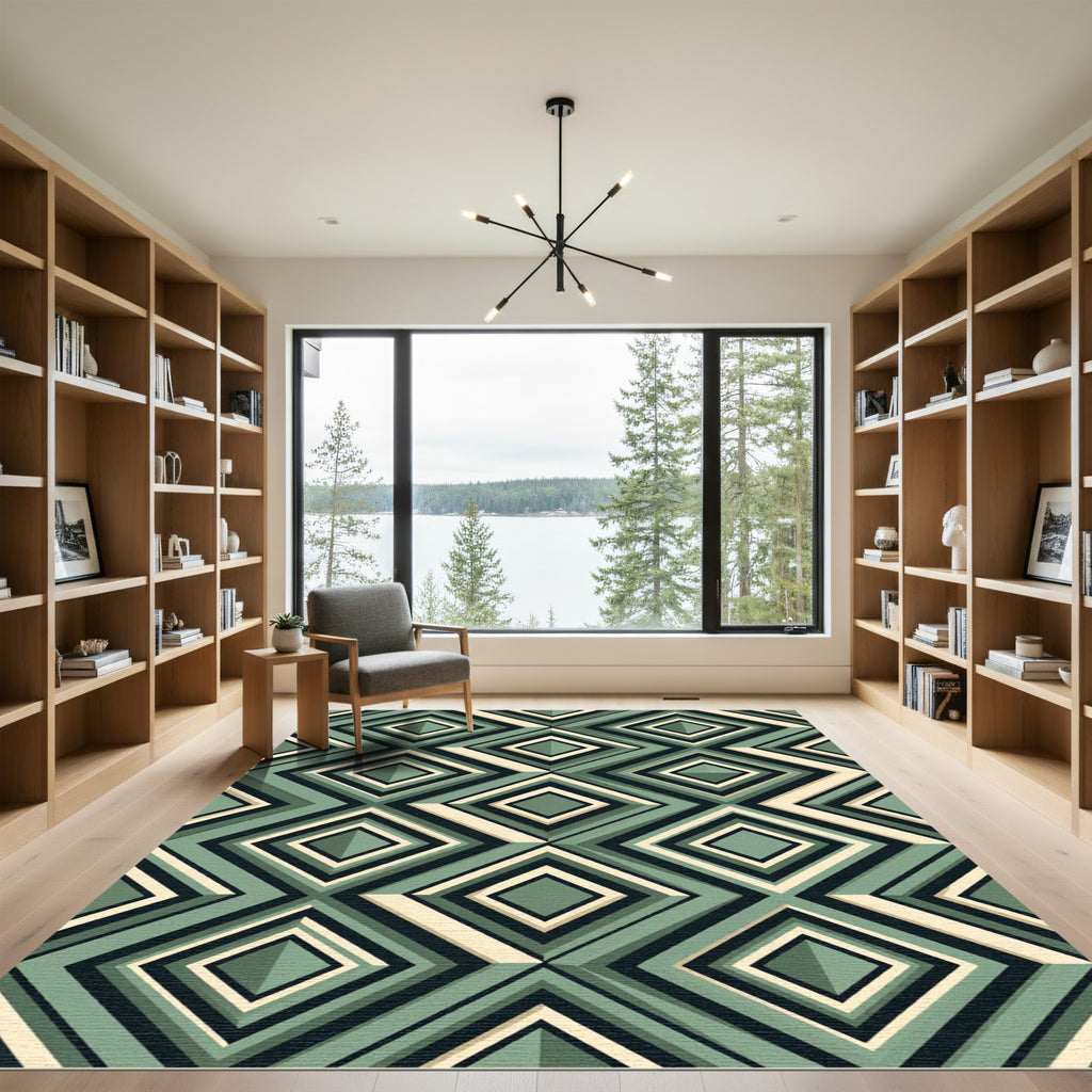Sage Green Geometric Layered Diamond Rug